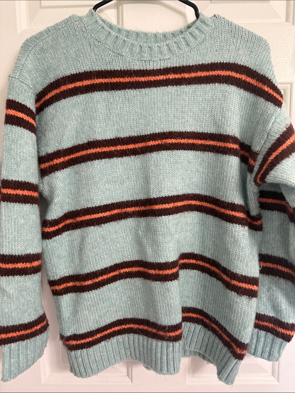 Vans Women’s Light Blue Crewneck Sweater with Brown and Coral Stripes